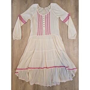 Free People Embroidered Peasant Hi-Low Dress Ivory Pink Boho Style Sz M